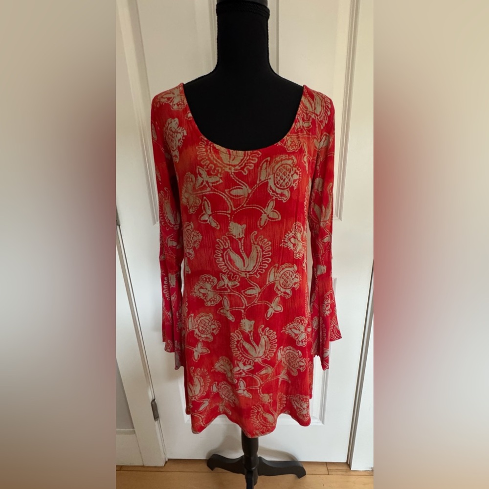 CJ Laing red floral long bell sleeve open back mini dress swim cover up women‎ S